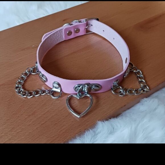 Pink Silver Heart Shaped Choker Necklace, PINK Silver Heart Pendant Choker - Picture 10 of 12